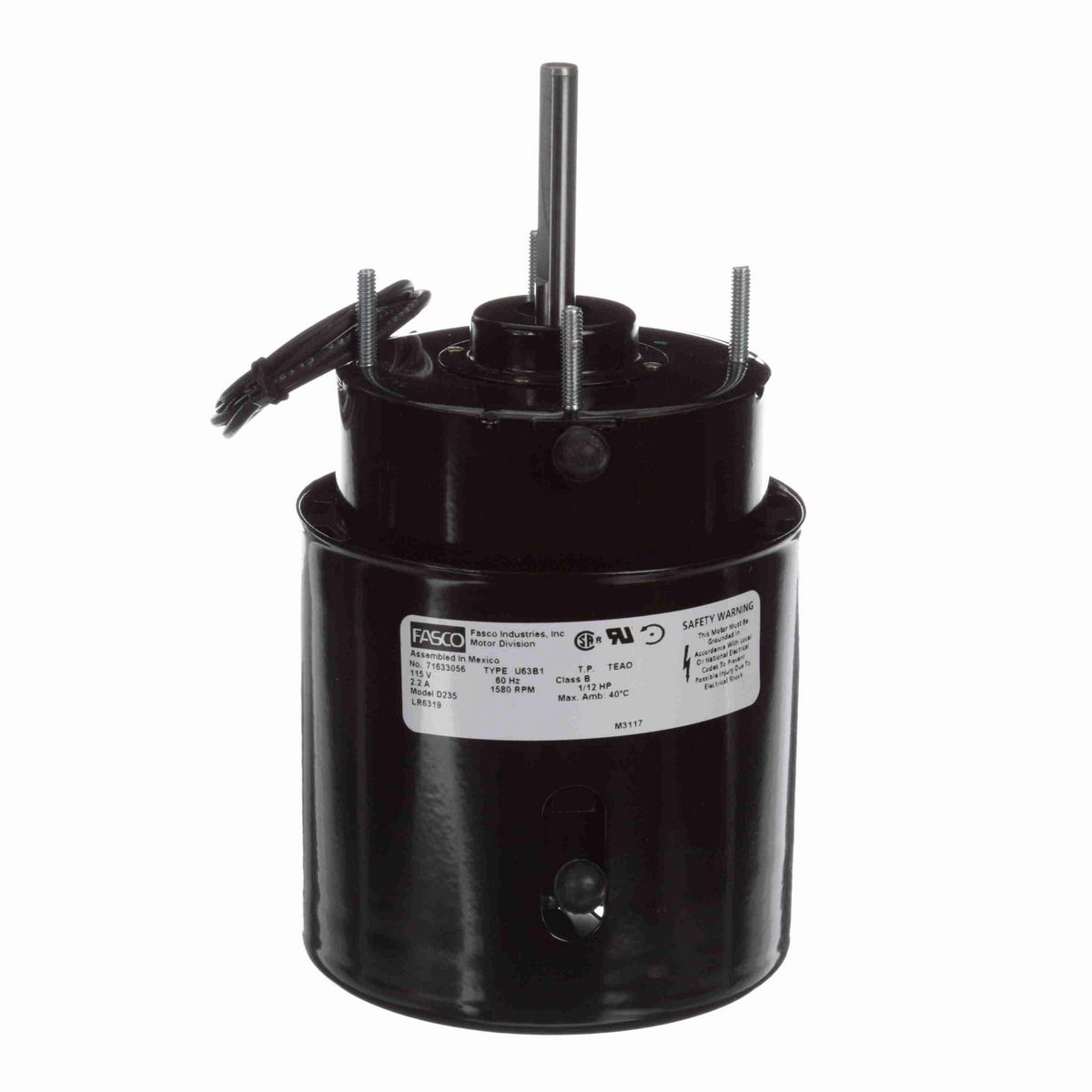 FASCO Fan and Blower Motor, 1/12 HP, 1 Ph, 60 Hz, 115 V, 1580 RPM, 1 Speed, 3.3" Diameter, TEAO - D235