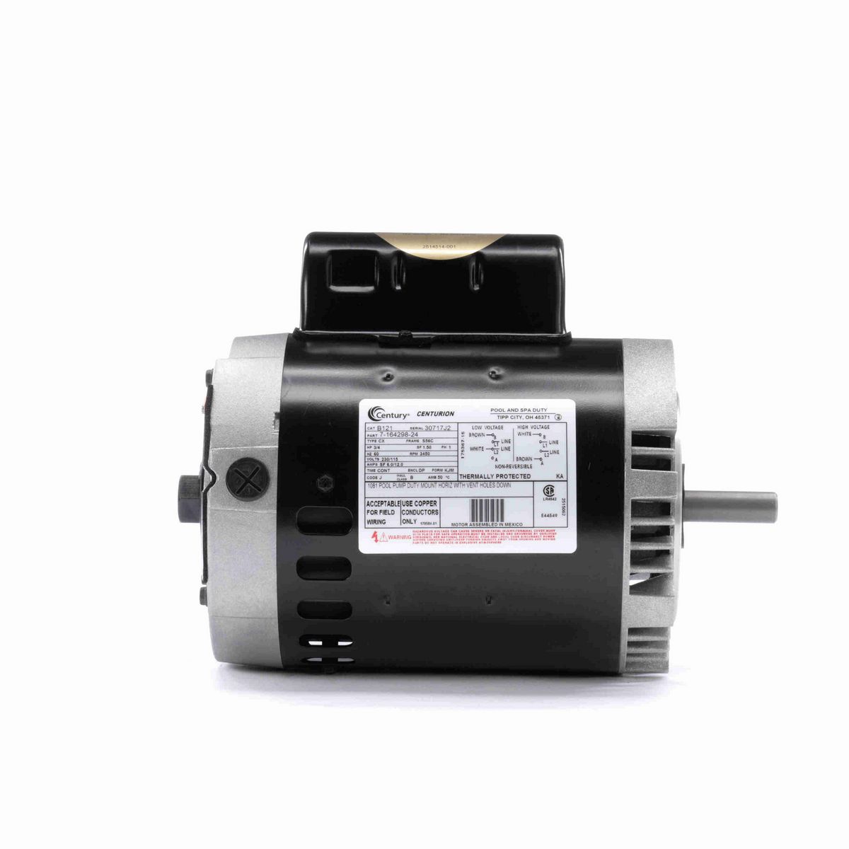 Century Pool Pump Motor, 3/4 HP, 1 Ph, 60 Hz, 230/115 V, 3600 RPM, S56C Frame, DP - B121