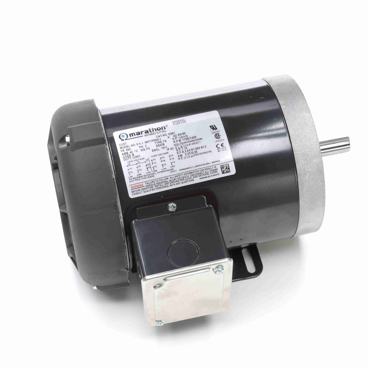 LEESON General Purpose Motor, 0.50 & 0.33 HP, 3 Ph, 60 & 50 Hz, 208-230/460 & 190/380 V, 1800 & 1500 RPM, 56C Frame, TEFC - G581