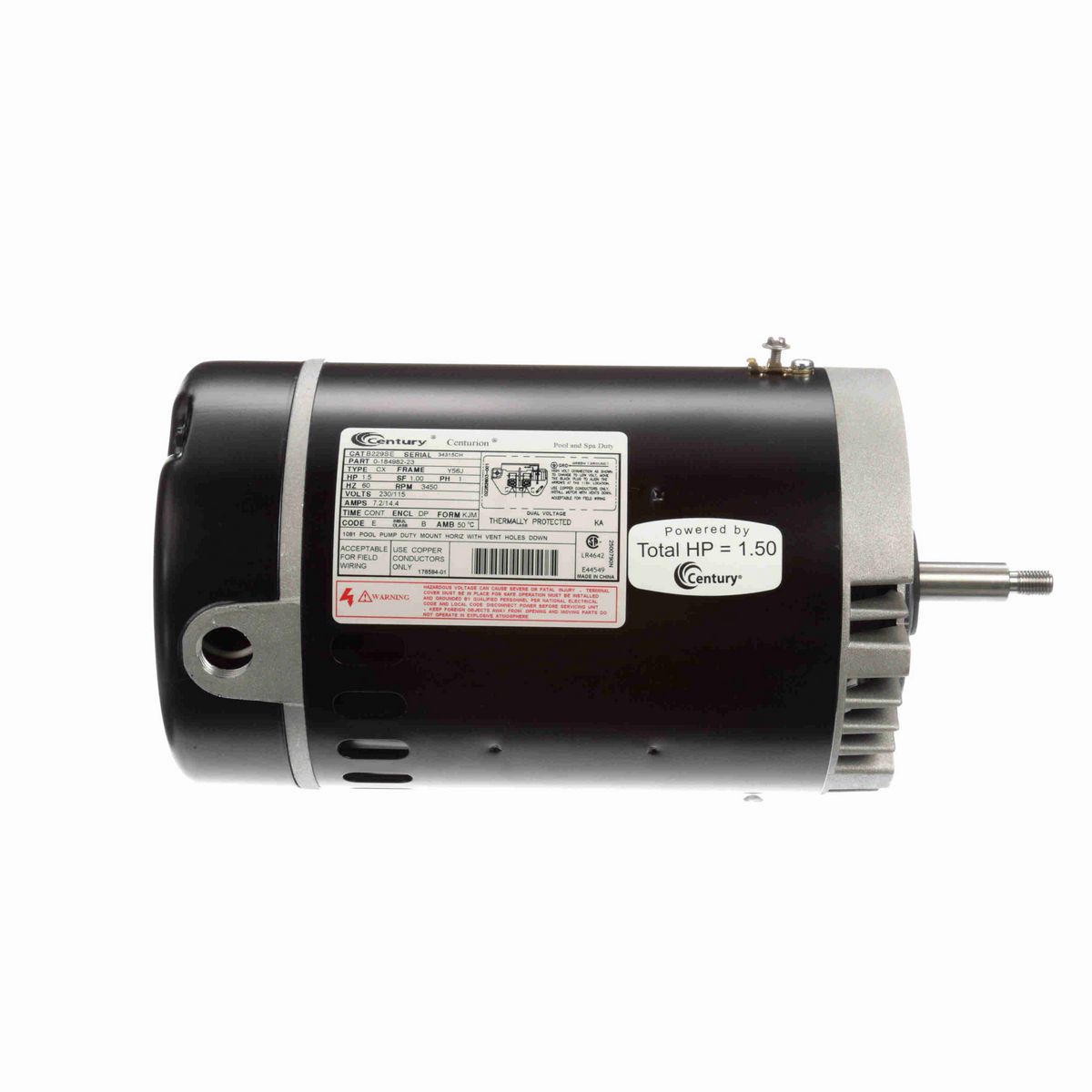 Century Pool Pump Motor, 1.5 HP, 1 Ph, 60 Hz, 230/115 V, 3600 RPM, Y56J Frame, DP - B229SE