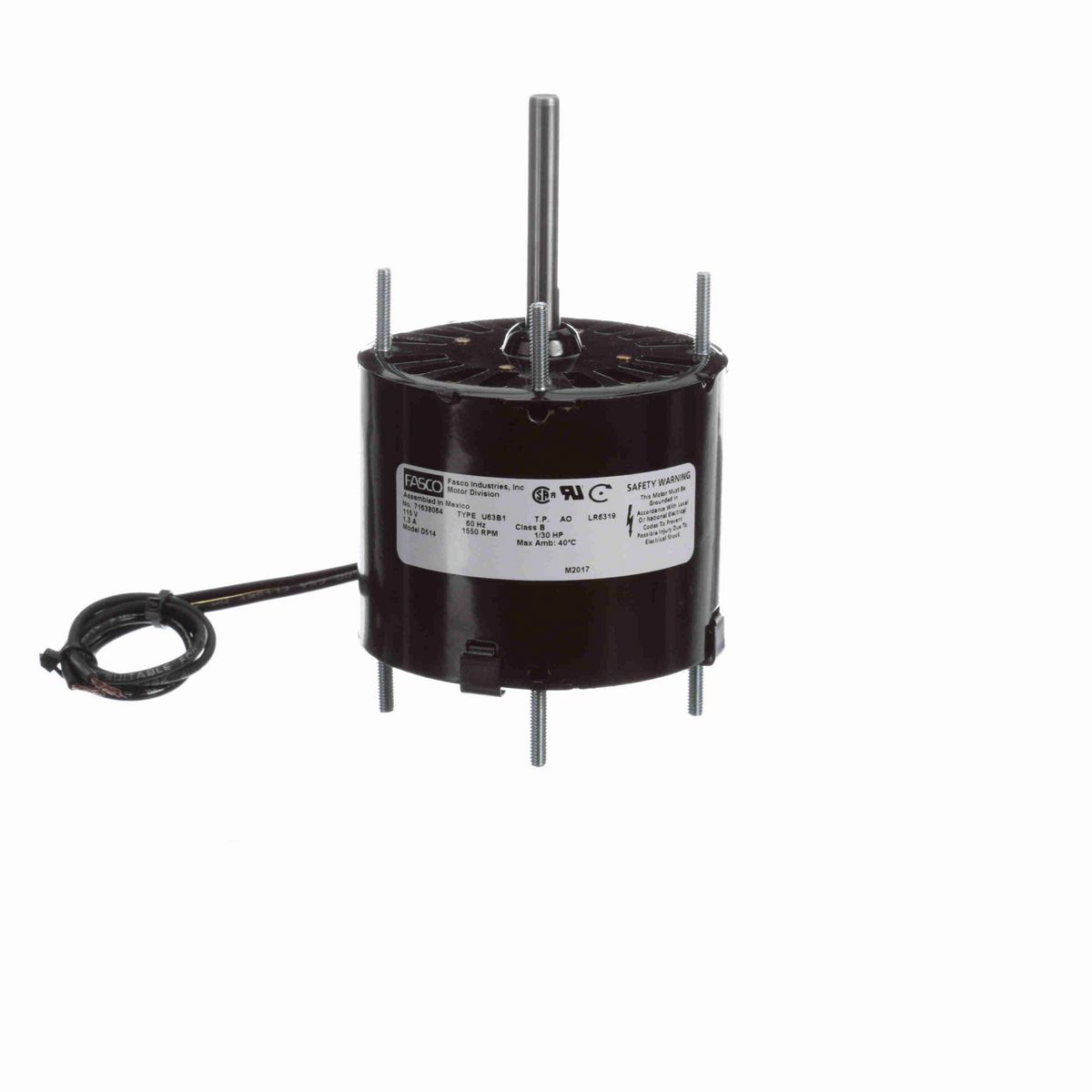 FASCO Fan and Blower Motor, 1/30 HP, 1 Ph, 60 Hz, 115 V, 1550 RPM, 1 Speed, 3.3" Diameter, OAO - D514