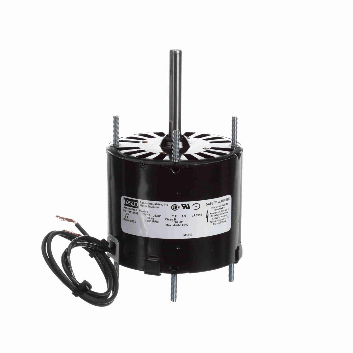 FASCO Fan and Blower Motor, 1/20 HP, 1 Ph, 60 Hz, 115 V, 1500 RPM, 1 Speed, 3.3" Diameter, OAO - D133