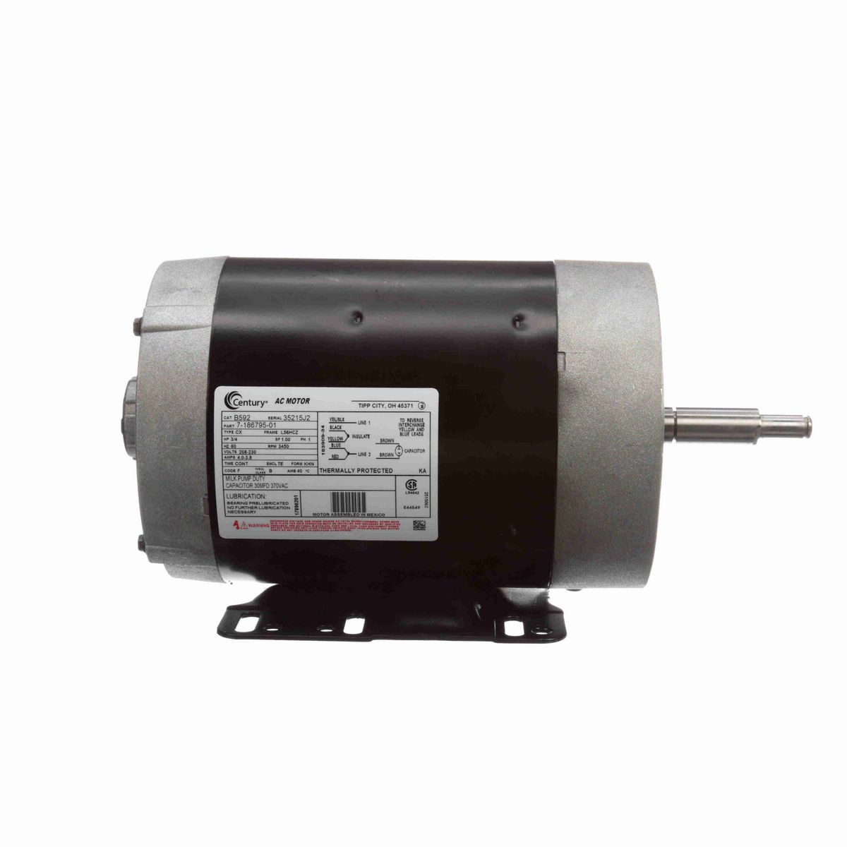Century General Purpose Farm Duty Motor, 3/4 HP, 1 Ph, 60 Hz, 208-230 V, 3600 RPM, L56HCZ Frame, TENV - B592