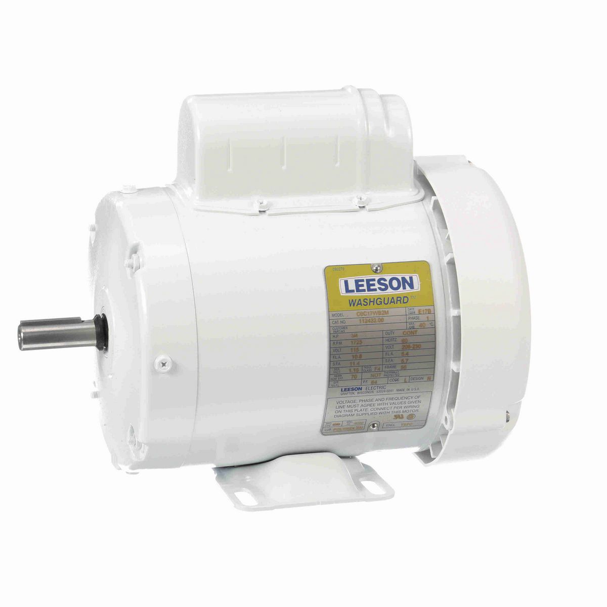 LEESON White Duck™ General Purpose Motor, 0.75 HP, 1 Ph, 60 Hz, 115/230 V, 1800 RPM, 56 Frame, TEFC - 112432.00