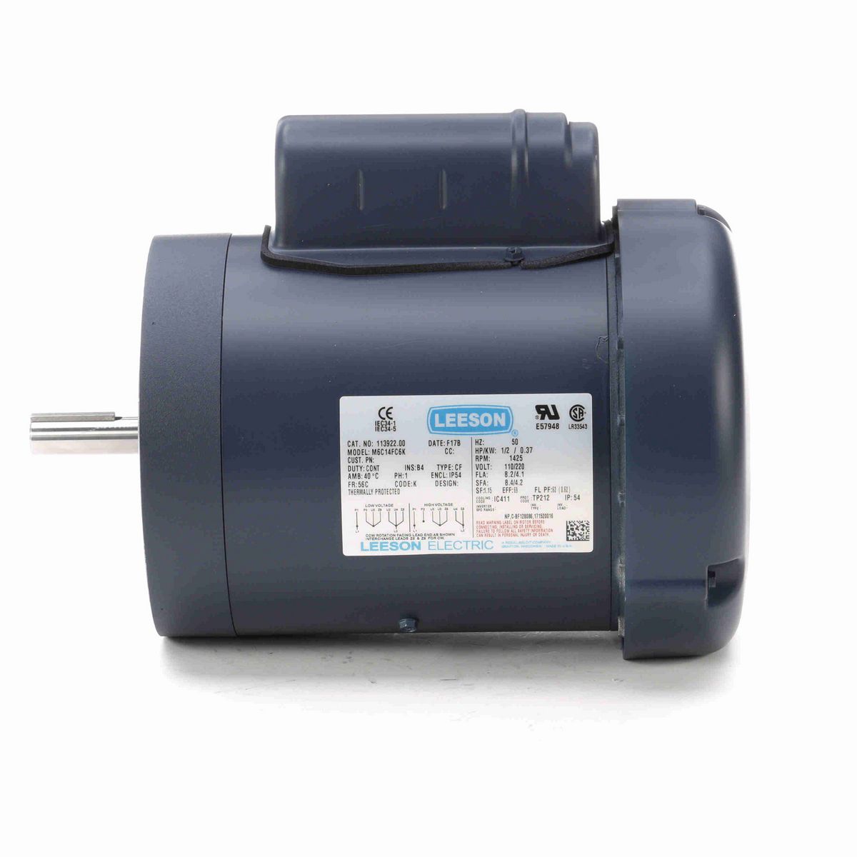 LEESON Special Voltage Motor, 0.50 HP, 1 Ph, 50 Hz, 110/220 V, 1500 RPM, 56C Frame, TEFC - 113922.00