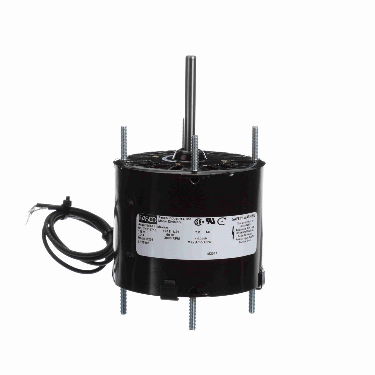 FASCO Fan and Blower Motor, 1/30 HP, 1 Ph, 60 Hz, 115 V, 3000 RPM, 1 Speed, 3.3" Diameter, TEAO - D206