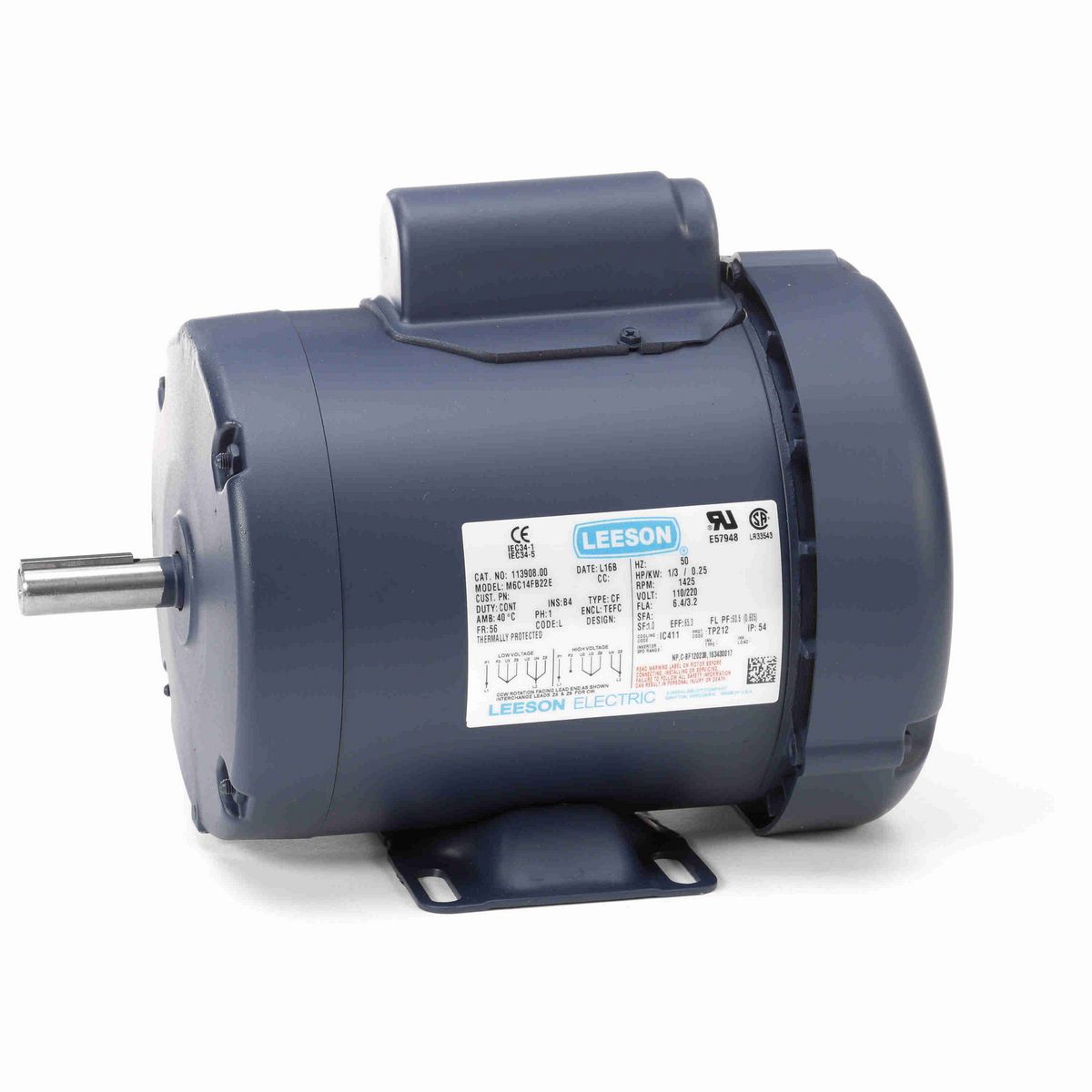 LEESON Special Voltage Motor, 0.33 HP, 1 Ph, 50 Hz, 110/220 V, 1500 RPM, 56 Frame, TEFC - 113908.00