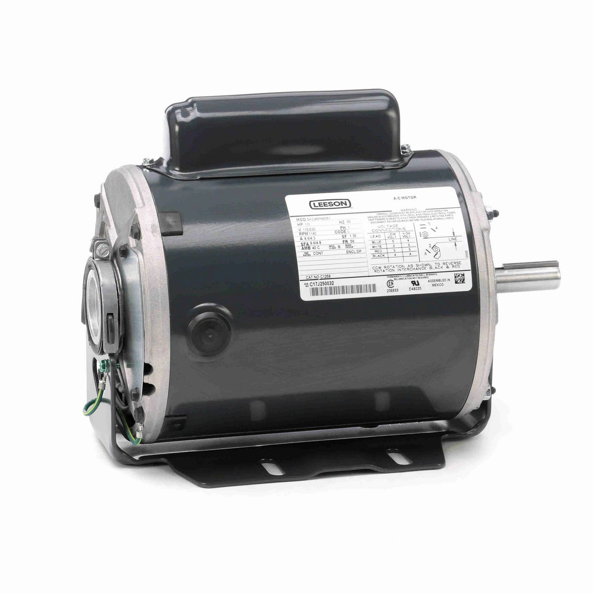 LEESON General Purpose Motor, 0.33 HP, 1 Ph, 60 Hz, 115/230 V, 1200 RPM, 56 Frame, DP - C1258