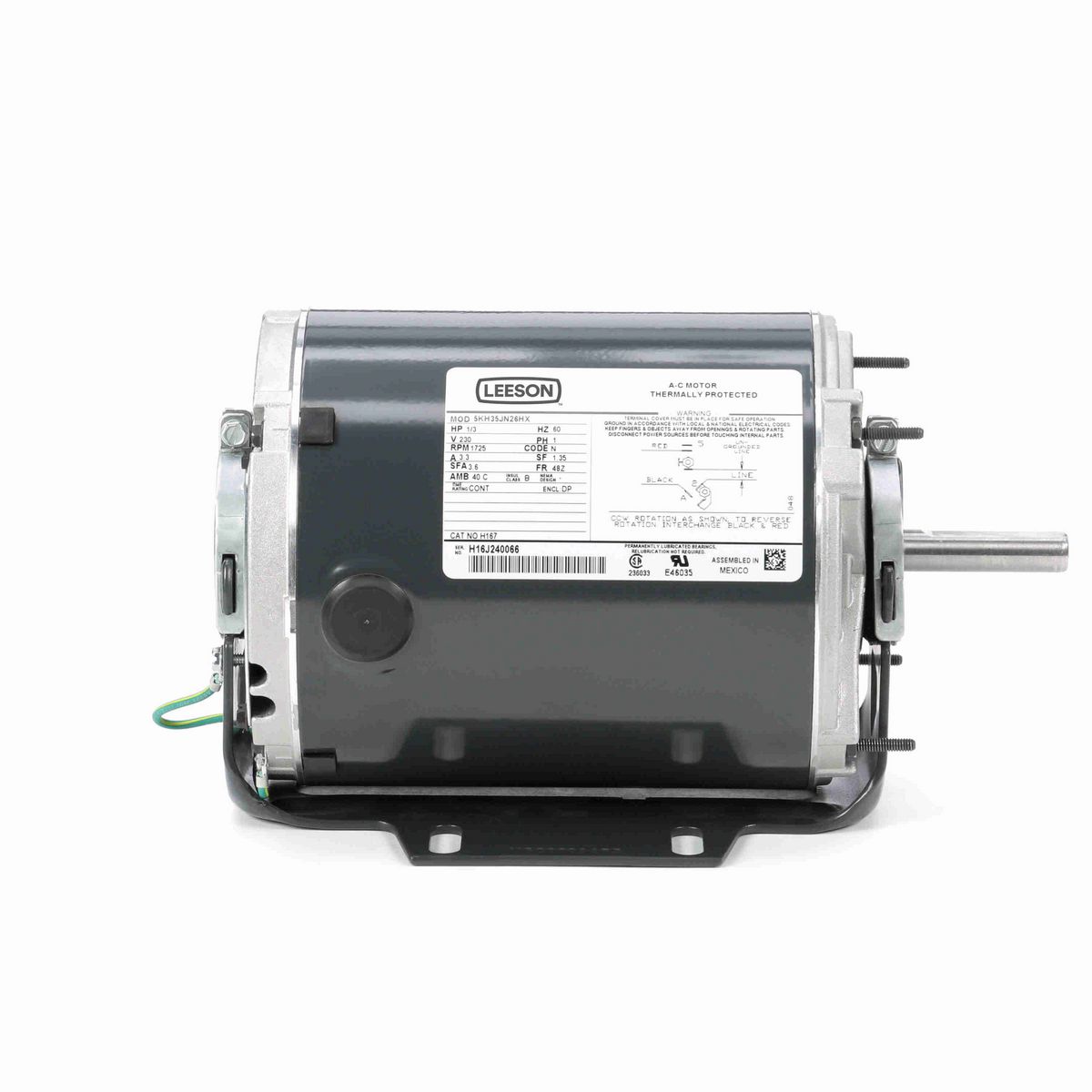 LEESON Fan and Blower Motor, 0.33 HP, 1 Ph, 60 Hz, 230 V, 1800 RPM, 48Z Frame, DP - H167