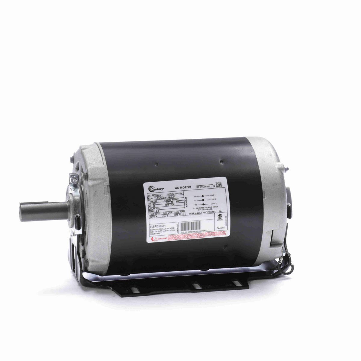 Century General Purpose Motor, 2.0 HP, 3 Ph, 60 Hz, 575 V, 1800 RPM, N56HZ Frame, ODP - H1022V1