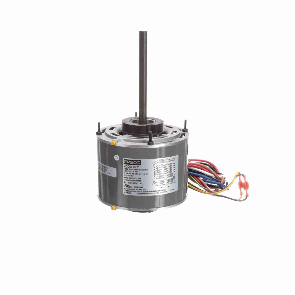 FASCO Fan and Blower Motor, 1/4-1/6-1/8 HP, 1 Ph, 60 Hz, 208-230 V, 1075 RPM, 3 Speed, 48 Frame, ODP - D725