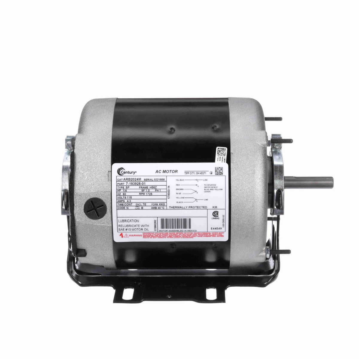 Century Fan and Blower Motor, 1/4 HP, 1 Ph, 60 Hz, 115 V, 1800 RPM, H56Z Frame, TEAO - ARB2024M