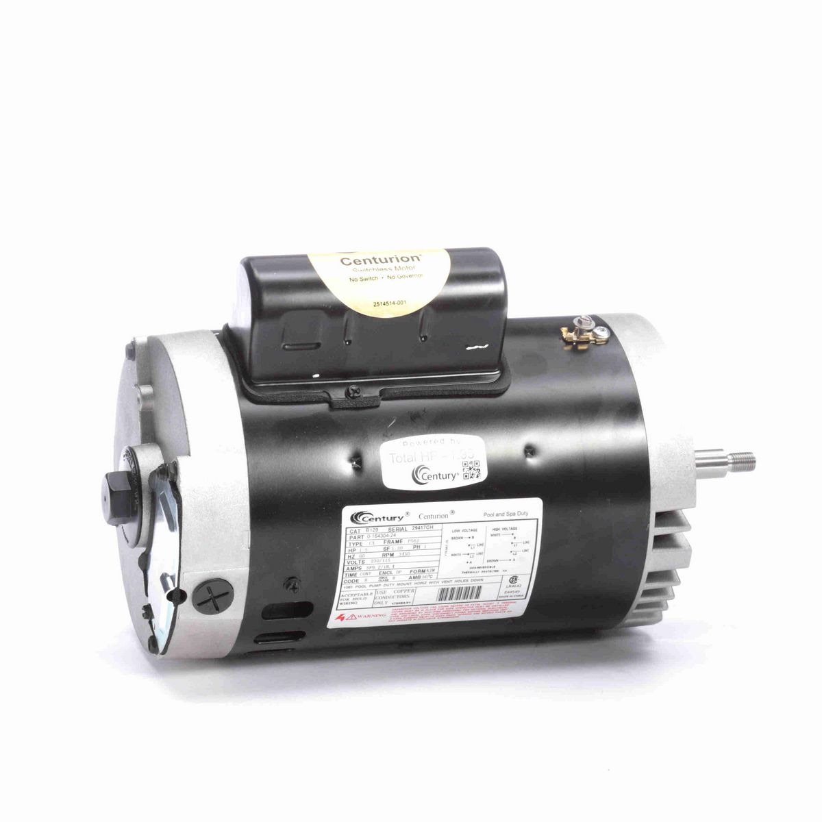 Century Pool Pump Motor, 1.5 HP, 1 Ph, 60 Hz, 230/115 V, 3600 RPM, P56J Frame, DP - B129