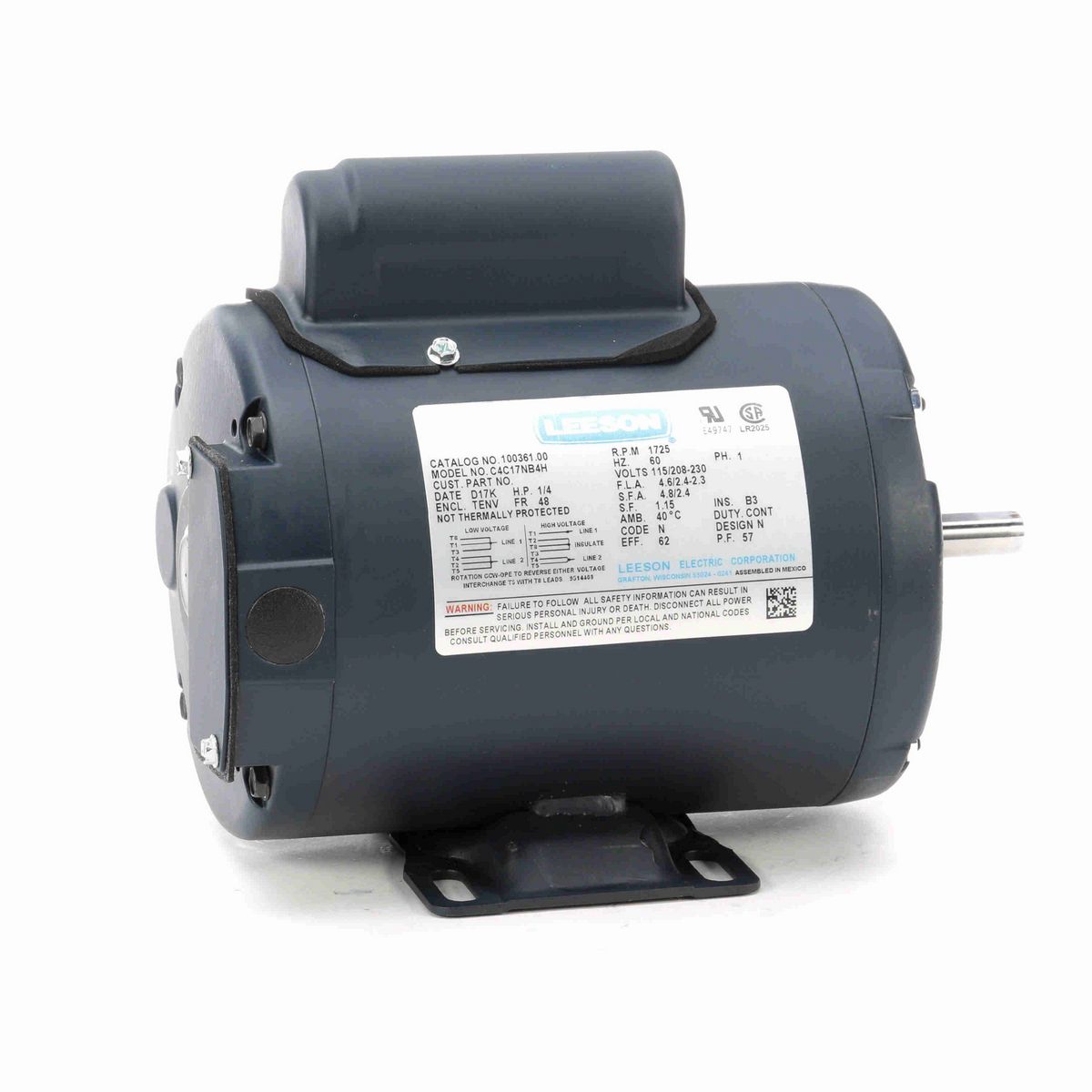 LEESON General Purpose Motor, 0.25 HP, 1 Ph, 60 Hz, 115/230 V, 1800 RPM, 48 Frame, TENV - 100361.00