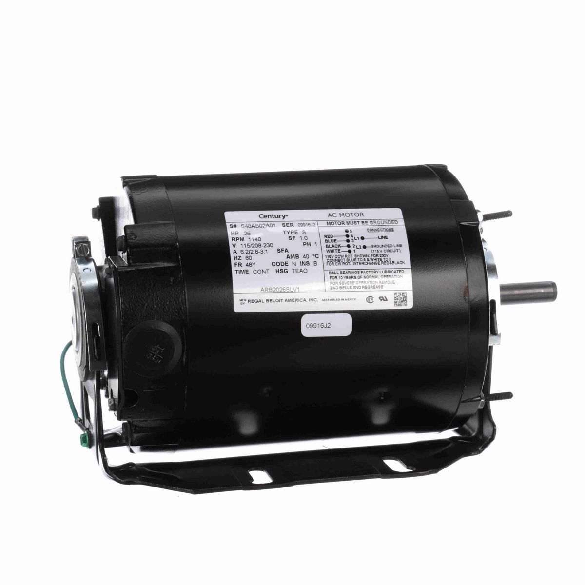 Century Fan and Blower Motor, .25 HP, 1 Ph, 60 Hz, 115/208-230 V, 1200 RPM, 48Y Frame, TEAO - ARB2026SLV1
