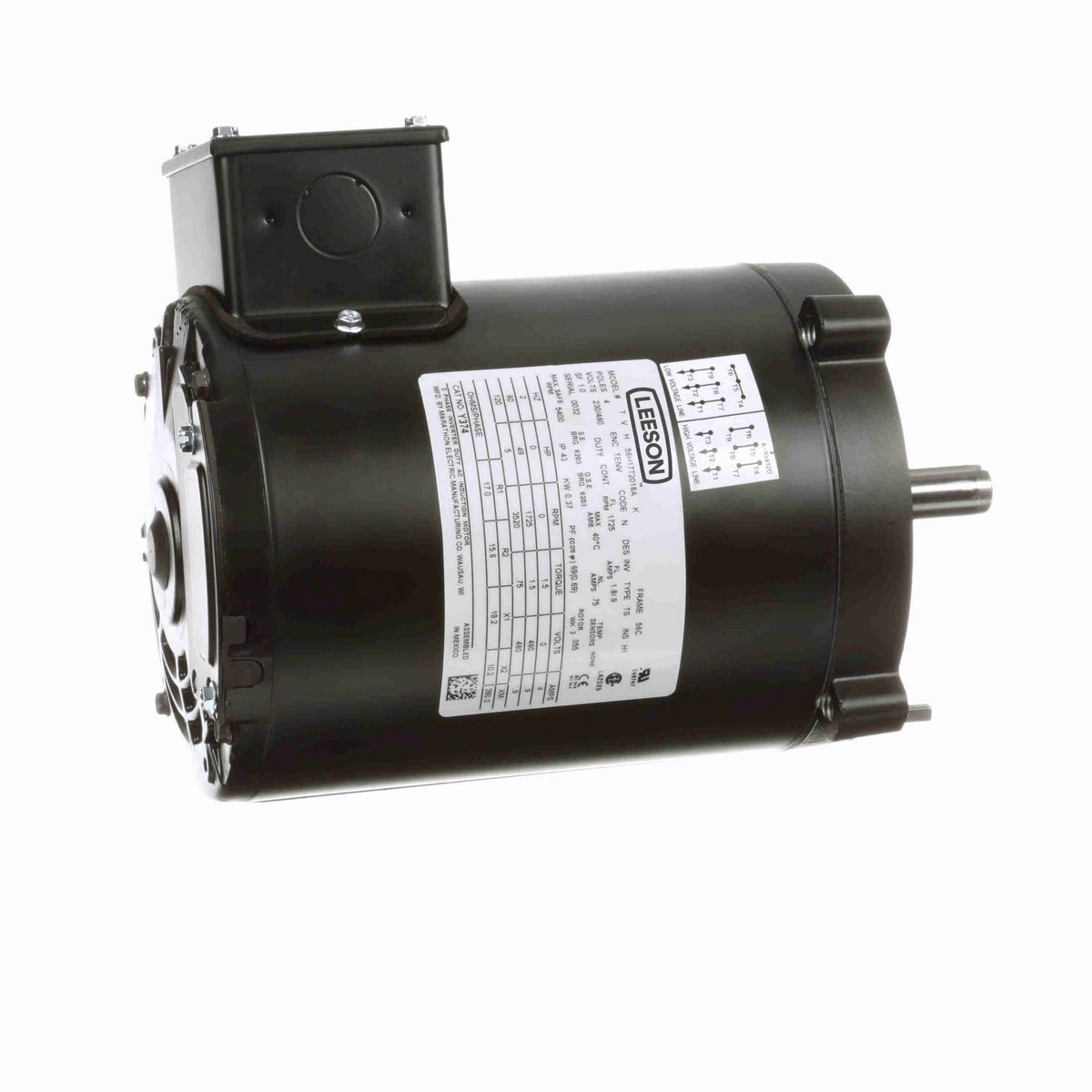 LEESON Speed Ratio Motor, 0.50 HP, 3 Ph, 60 Hz, 230/460 V, 1800 RPM, 56C Frame, TENV - Y374