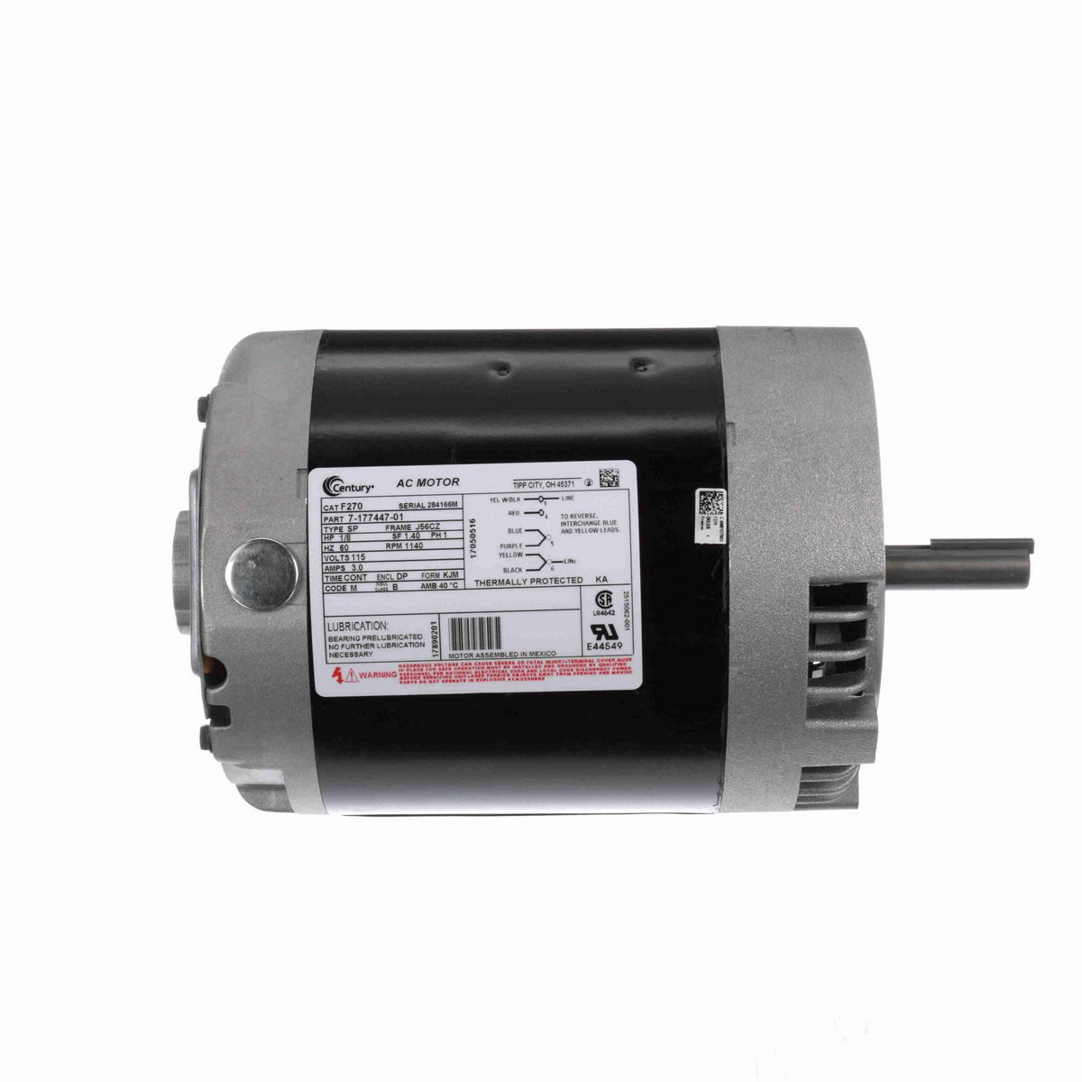 Century Ventilation Motor, 1/8 HP, 1 Ph, 60 Hz, 115 V, 1200 RPM, J56CZ Frame, DP - F270