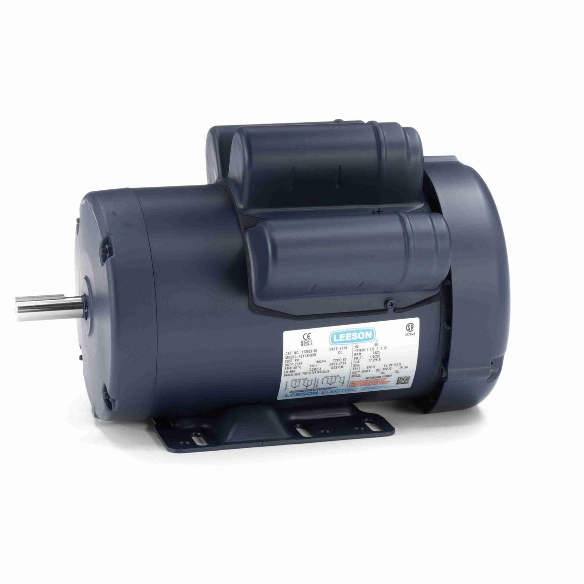 LEESON Special Voltage Motor, 1.50 HP, 1 Ph, 50 Hz, 110/220 V, 1500 RPM, 56H Frame, TEFC - 113929.00