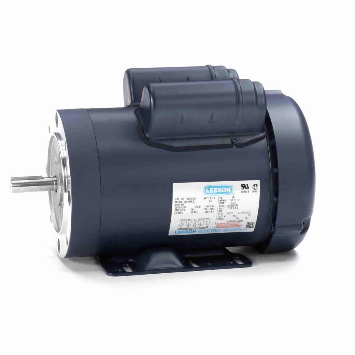 LEESON General Purpose Motor, 1.50 HP, 1 Ph, 60 Hz, 115/230 V, 1800 RPM, 56HC Frame, TEFC - 110910.00