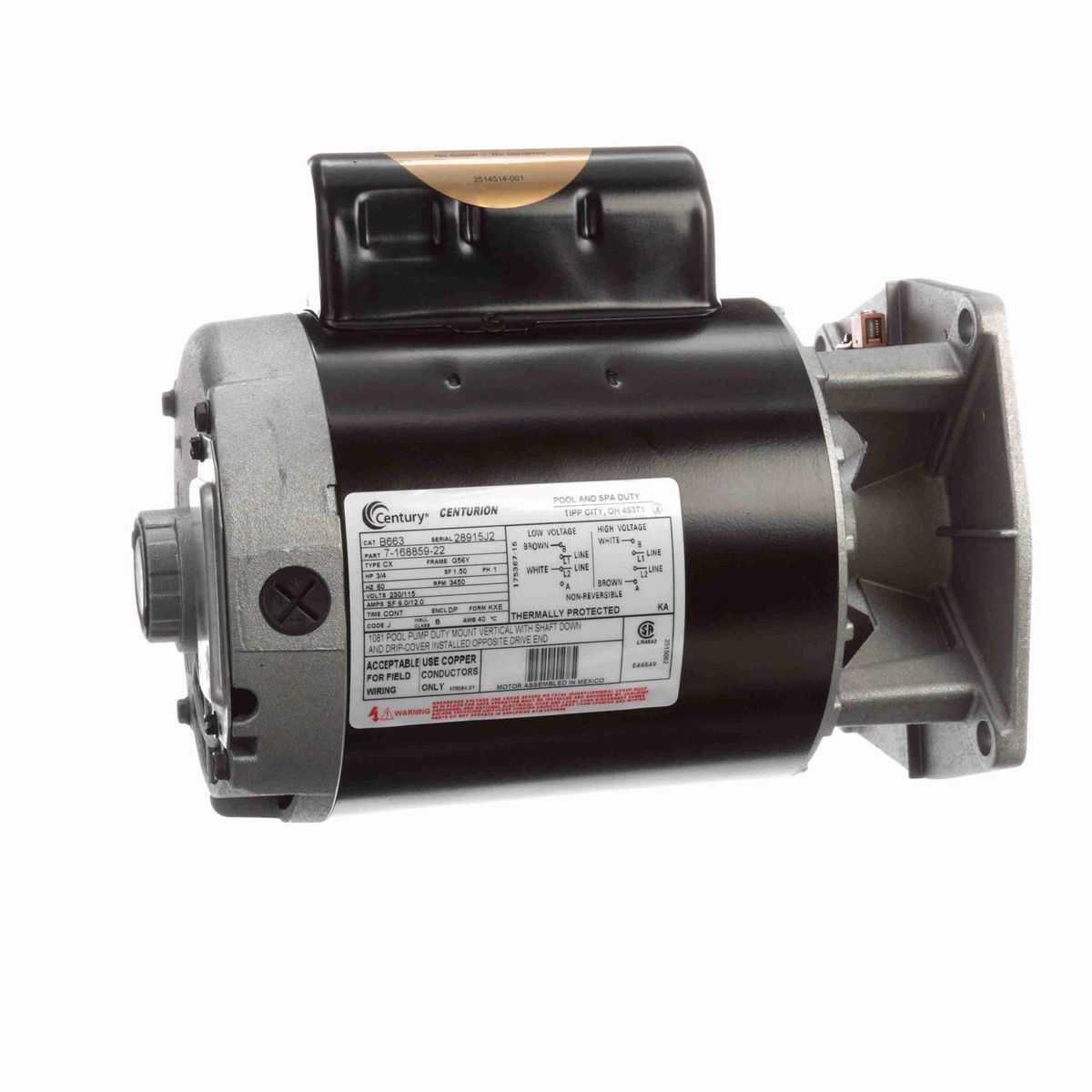 Century Pool Pump Motor, 3/4 HP, 1 Ph, 60 Hz, 230/115 V, 3600 RPM, G56Y Frame, DP - B663
