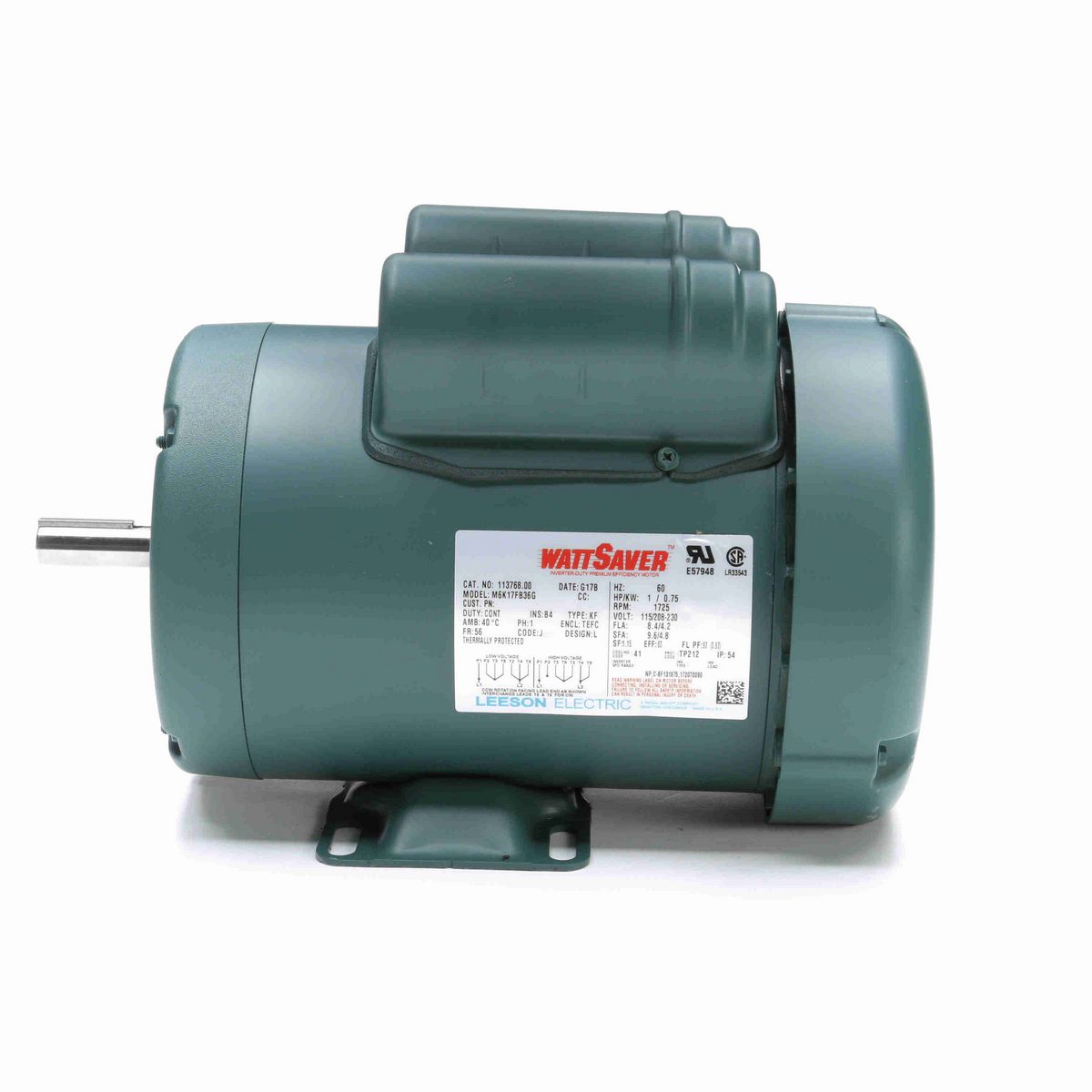 LEESON WATTSAVER® General Purpose Motor, 1 HP, 1 Ph, 60 Hz, 115/230 V, 1800 RPM, 56 Frame, TEFC - 113768.00