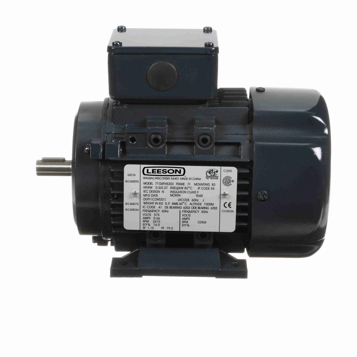 LEESON Aluminium Motor, 0.50 & 0.50 HP, 3 Ph, 60 & 50 Hz, 575 & 480 V, 3600 & 3000 RPM, 71 Frame, TEFC - R406