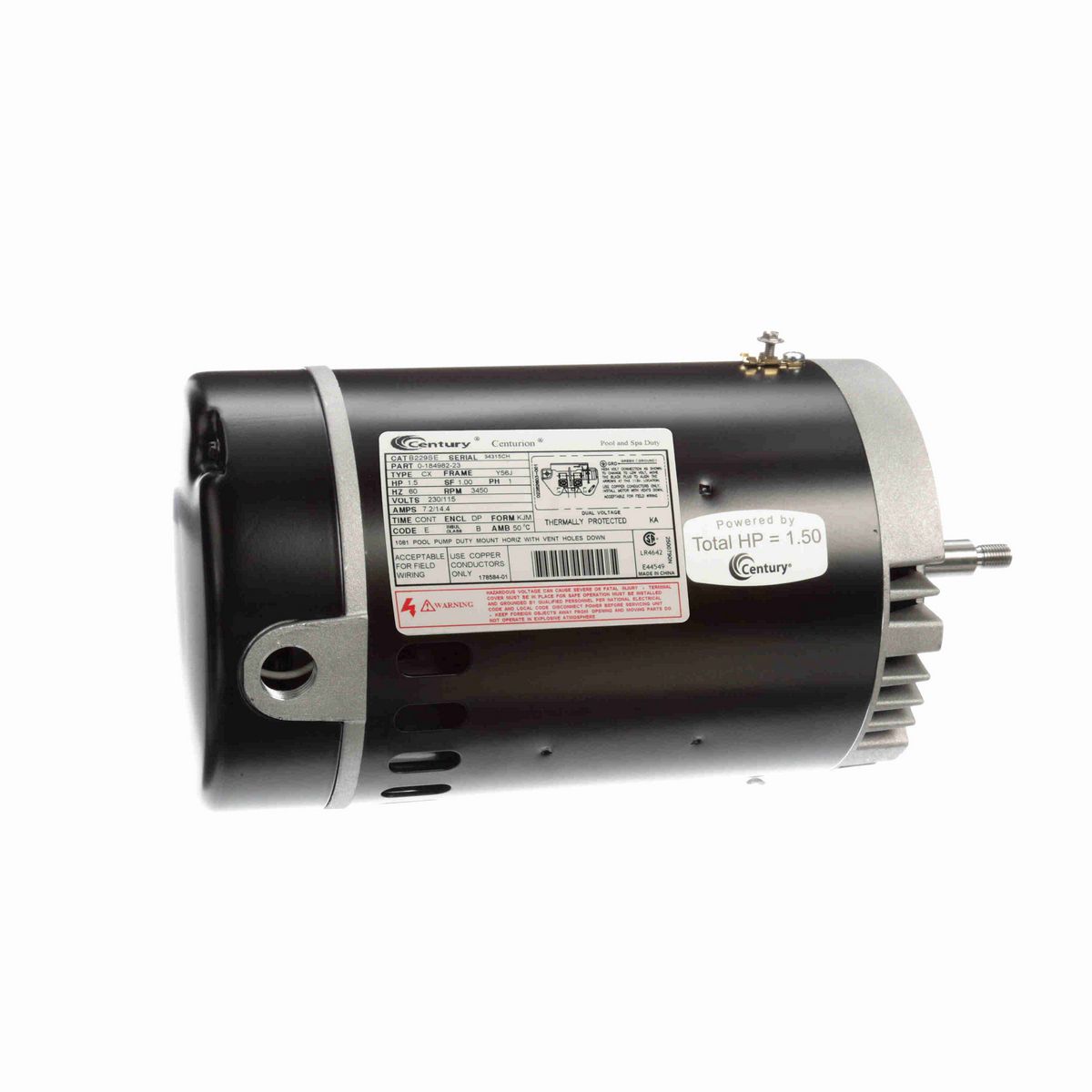 Century Pool Pump Motor, 1.5 HP, 1 Ph, 60 Hz, 230/115 V, 3600 RPM, Y56J Frame, DP - B229SE