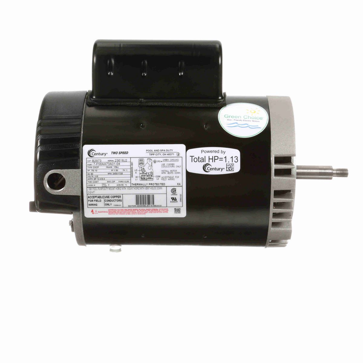 Century Pool Pump Motor, .75/.10 HP, 1 Ph, 60 Hz, 115 V, 3600 RPM, Y56J Frame, DP - B2973