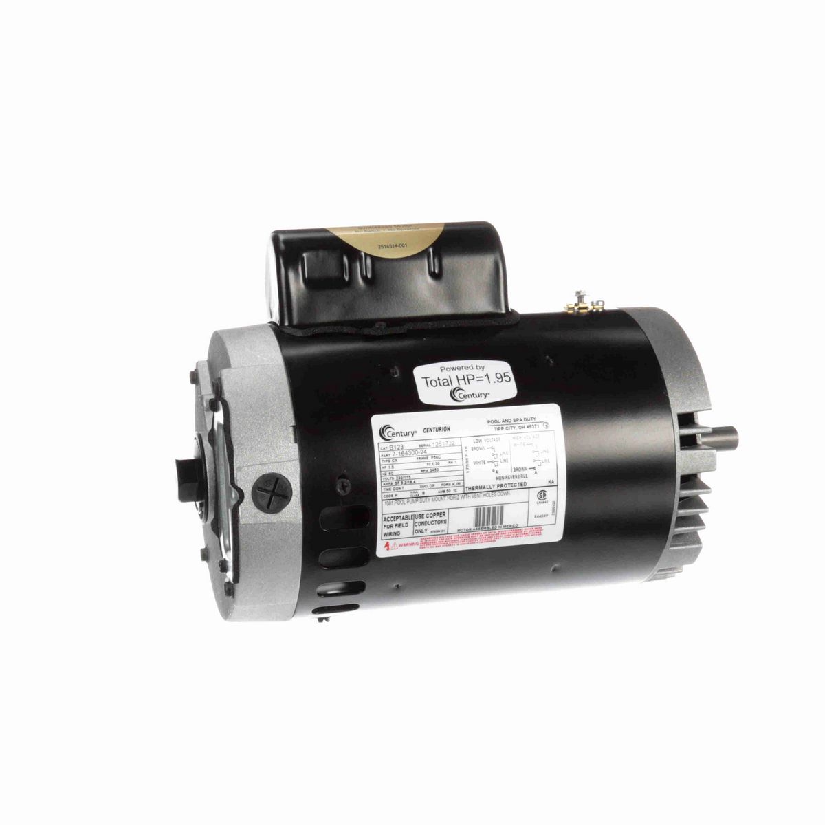 Century Pool Pump Motor, 1.5 HP, 1 Ph, 60 Hz, 230/115 V, 3600 RPM, P56C Frame, DP - B123