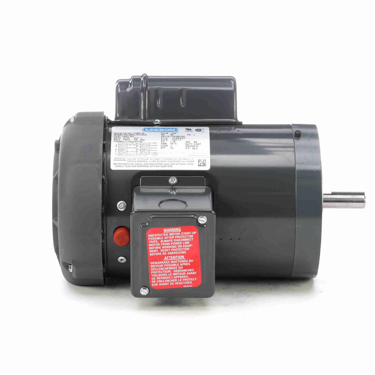 LEESON Agricultural Motor, 1 HP, 1 Ph, 60 Hz, 115/230 V, 1800 RPM, 56C Frame, TEFC - 117881.00