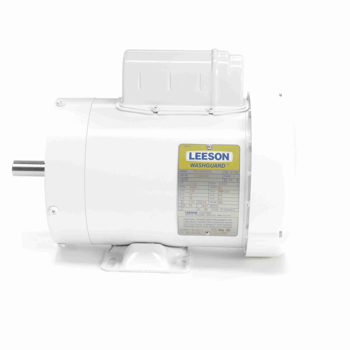LEESON White Duck™ General Purpose Motor, 1.50 HP, 1 Ph, 60 Hz, 115/230 V, 3600 RPM, 56C Frame, TEFC - 113584.00