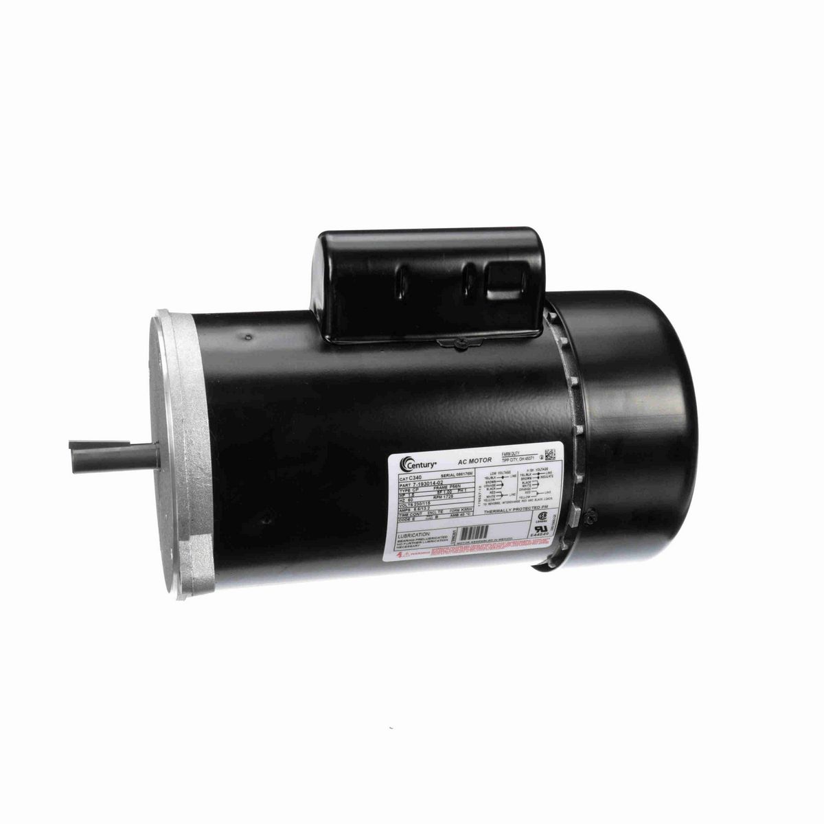 Century Auger Drive Motor, 1.5 HP, 1 Ph, 60 Hz, 230/115 V, 1800 RPM, P56N Frame, TEFC - C340