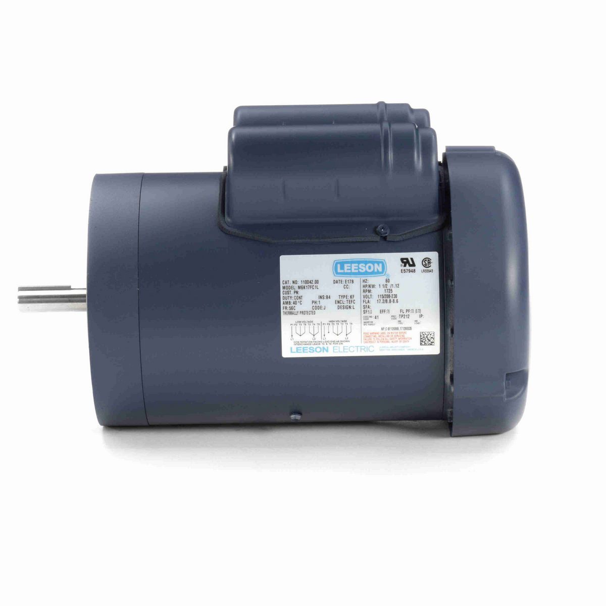 LEESON General Purpose Motor, 1.50 HP, 1 Ph, 60 Hz, 115/230 V, 1800 RPM, 56C Frame, TEFC - 110042.00