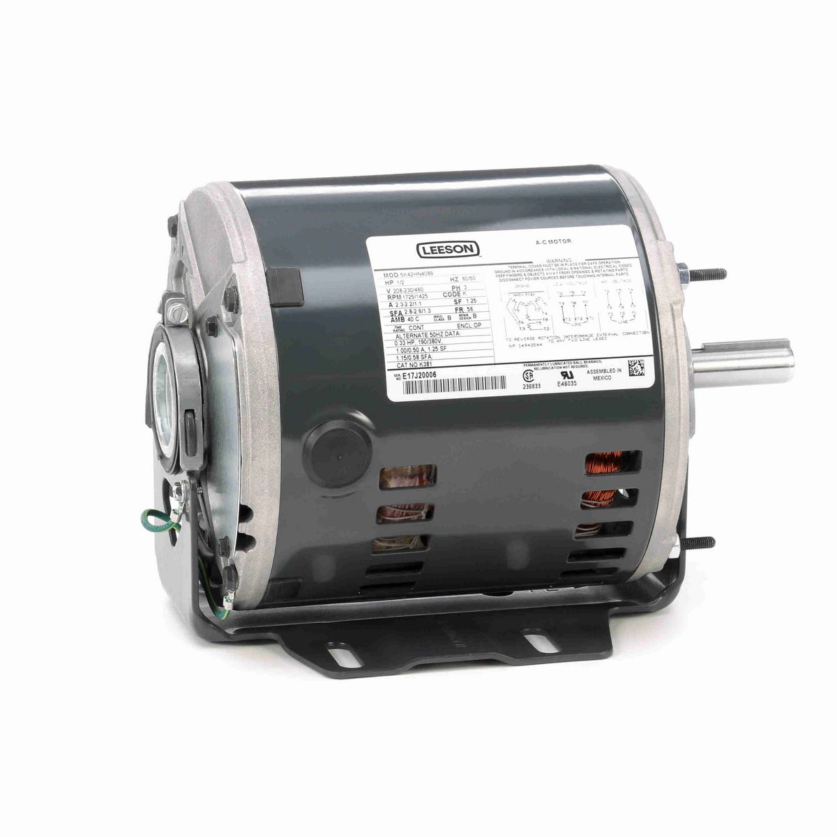 LEESON Fan and Blower Motor, 0.50 HP, 3 Ph, 60 Hz, 208-230/460 V, 1800 RPM, 56 Frame, DP - K381