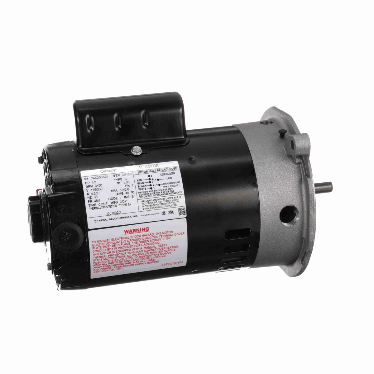 Century Definite Purpose Motor, 1/3 HP, 1 Ph, 60 Hz, 115/230 V, 3600 RPM, 48N Frame, ODP - OL1032D