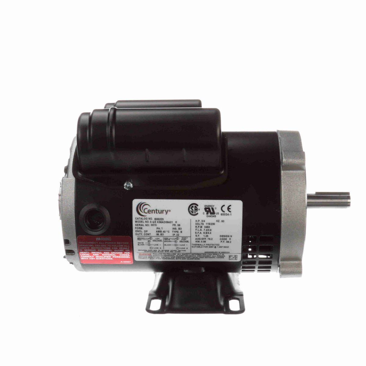 Century General Purpose Motor, 3/4 HP, 1 Ph, 60 Hz, 115/230 V, 3600 RPM, 56 Frame, ODP - B652ES