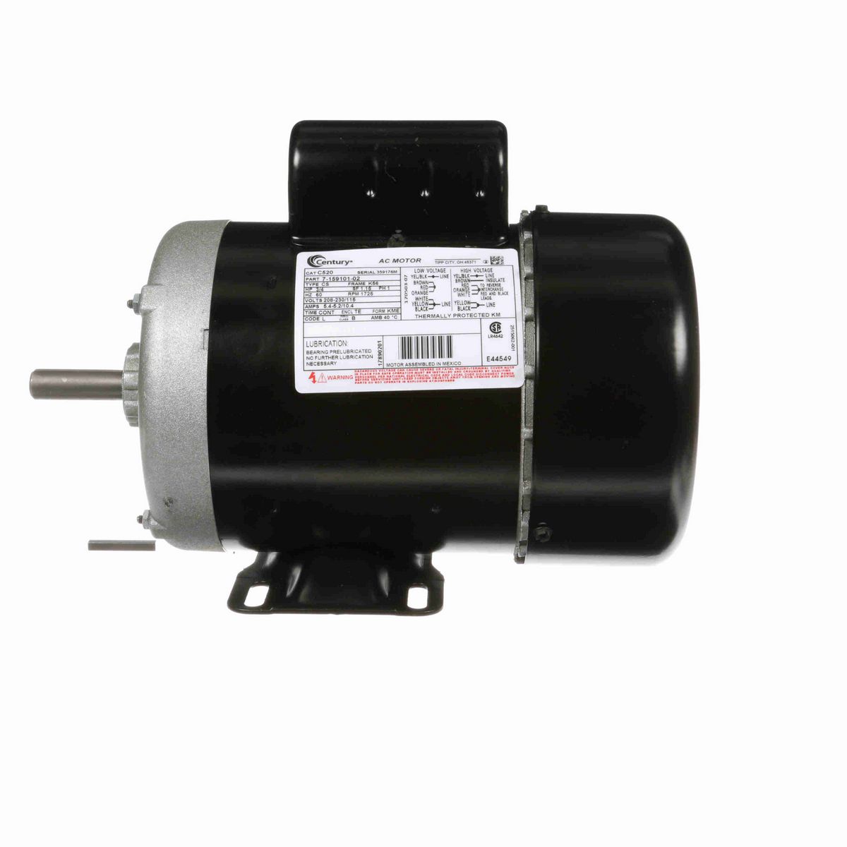 Century General Purpose Farm Duty Motor, 3/4 HP, 1 Ph, 60 Hz, 208-230/115 V, 1800 RPM, K56 Frame, TEFC - C520