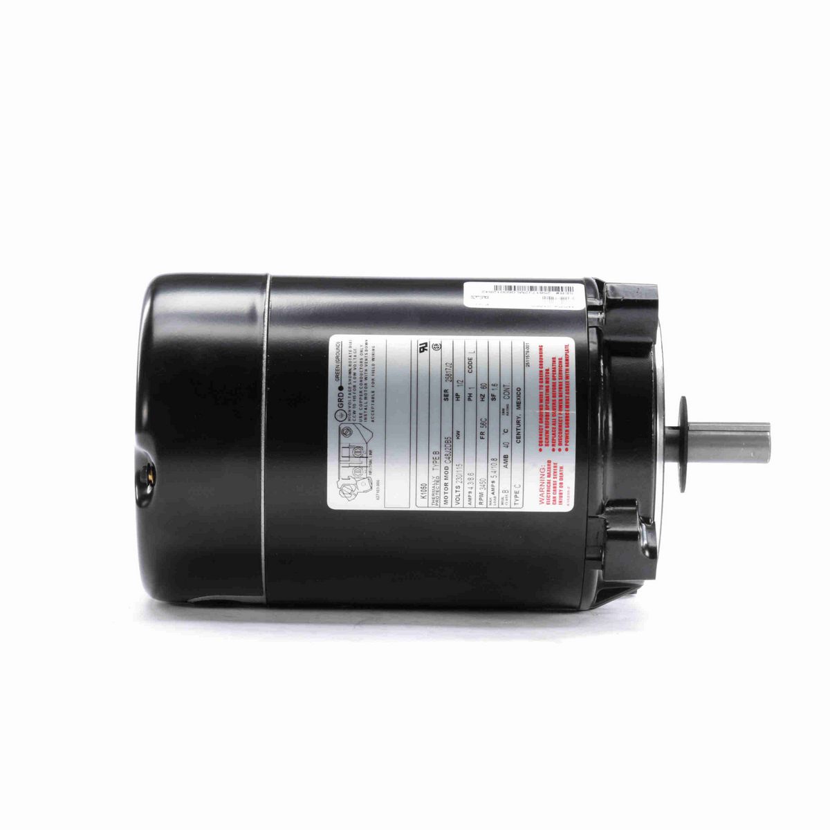 Century Jet Pump Motor, 1/2 HP, 1 Ph, 60 Hz, 230/115 V, 3600 RPM, 56C Frame, ODP - K1050