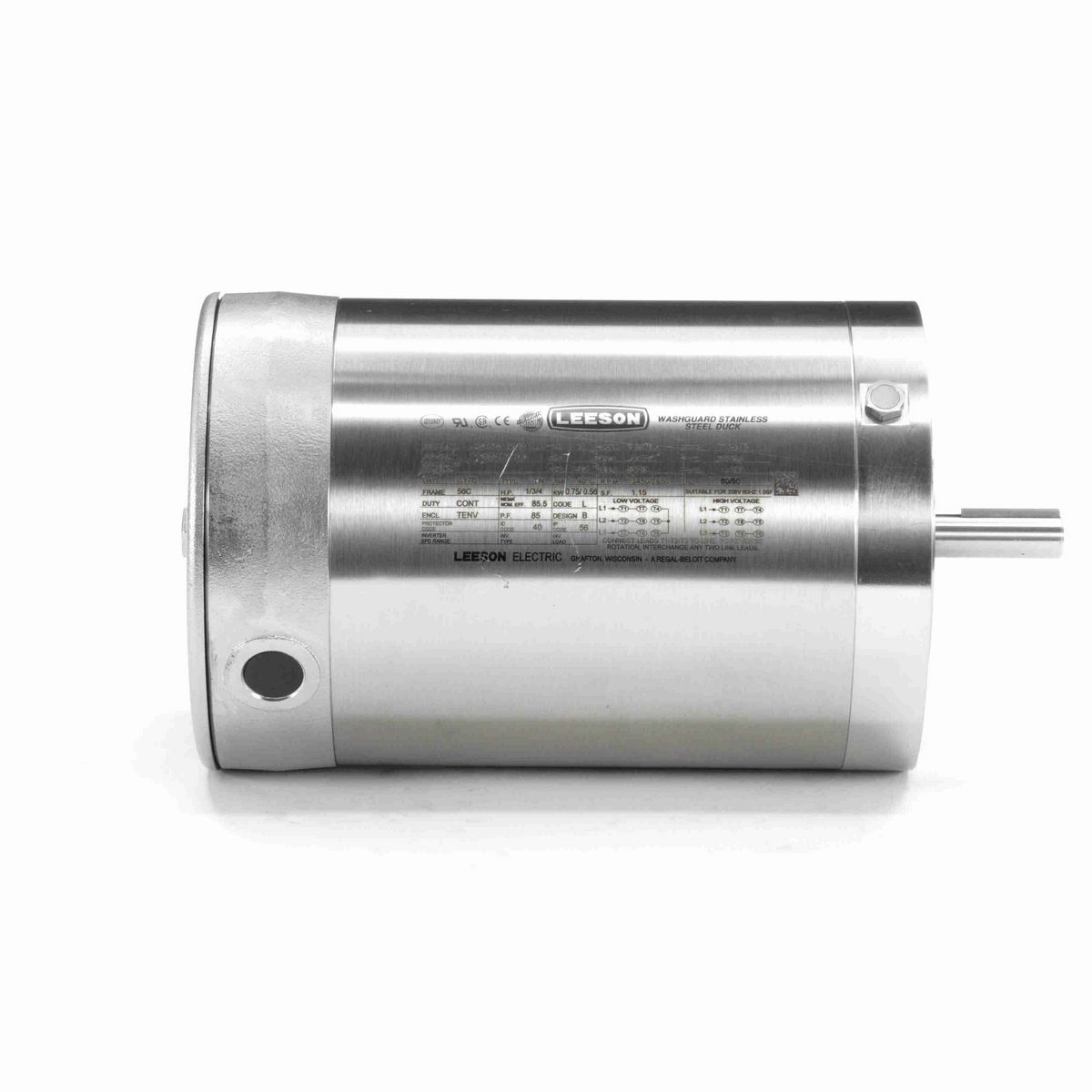 LEESON Premium Duck™ General Purpose Motor, 1 & 0.75 HP, 3 Ph, 60 & 50 Hz, 230/460 & 190/380 V, 3600 & 3000 RPM, 56C Frame, TENV - 117281.00