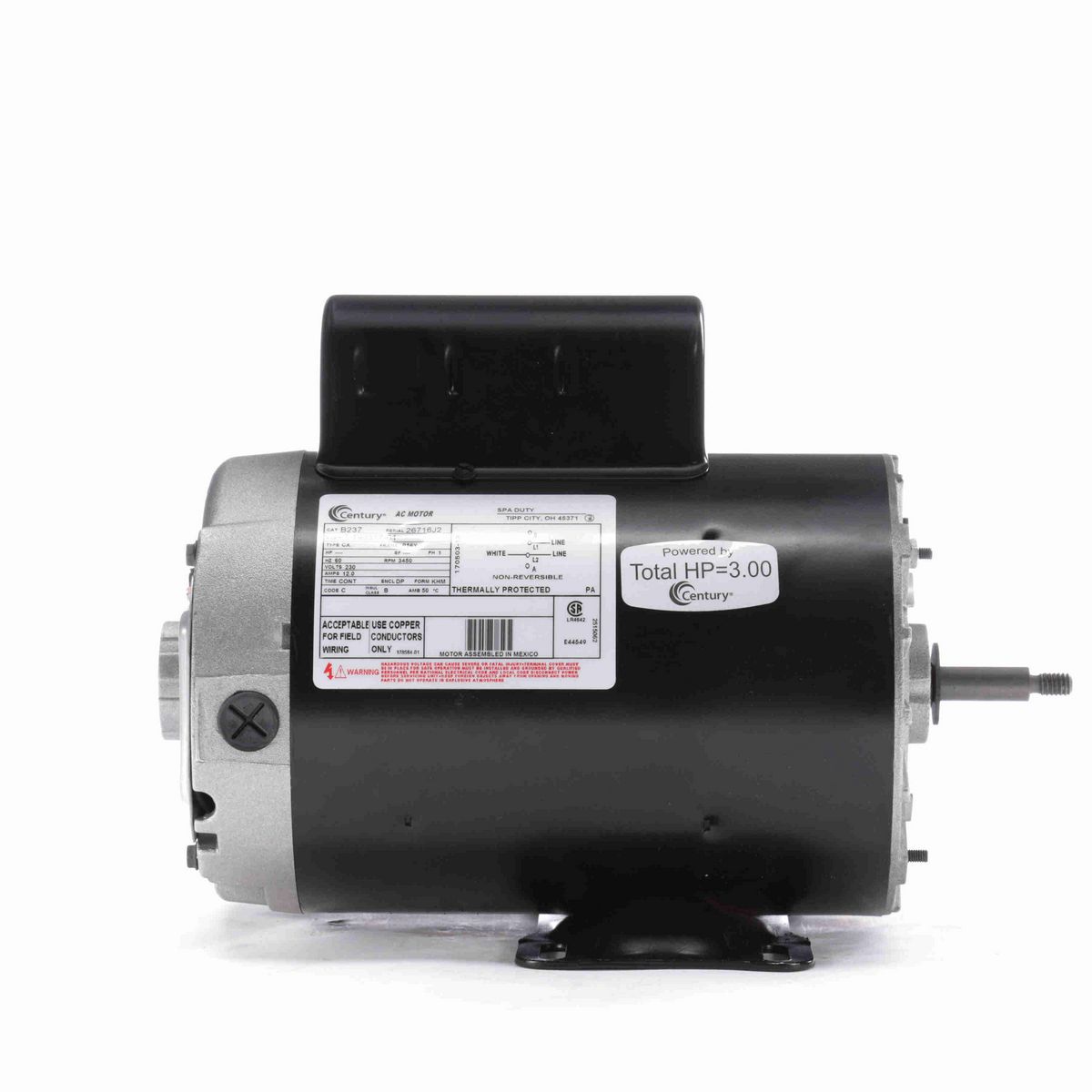 Century Pool Pump Motor, 4.0 SPL HP, 1 Ph, 60 Hz, 230 V, 3600 RPM, P56Y Frame, DP - B237