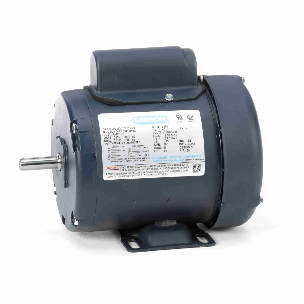 LEESON General Purpose Motor, 0.33 HP, 1 Ph, 60 Hz, 115/230 V, 3600 RPM, 48 Frame, TEFC - 102016.00