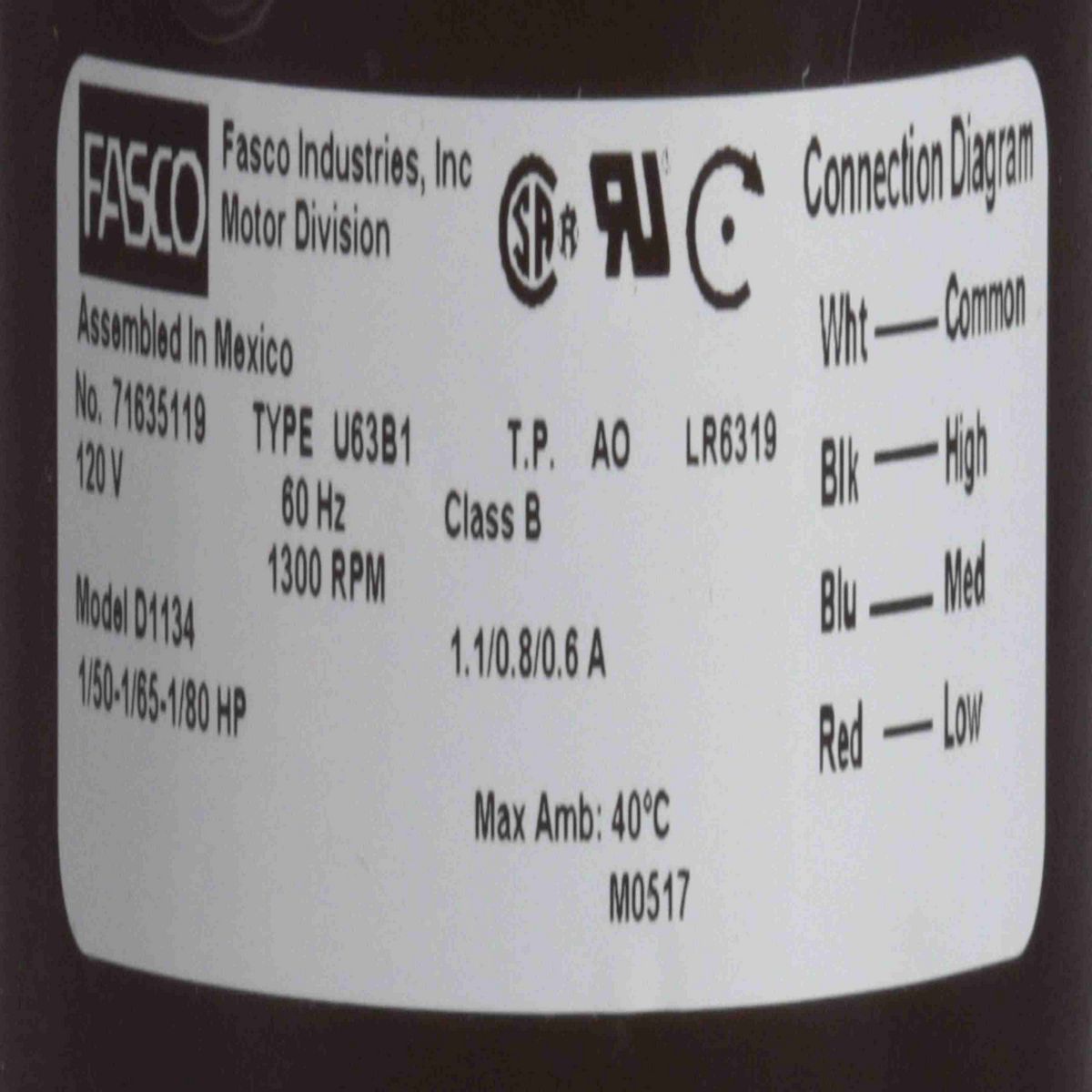 FASCO OEM Replacement Motor, 1/50-1/65-1/30 HP, 1 Ph, 60 Hz, 120 V, 1300 RPM, 3 Speed, 3.3" Diameter, OAO - D1134