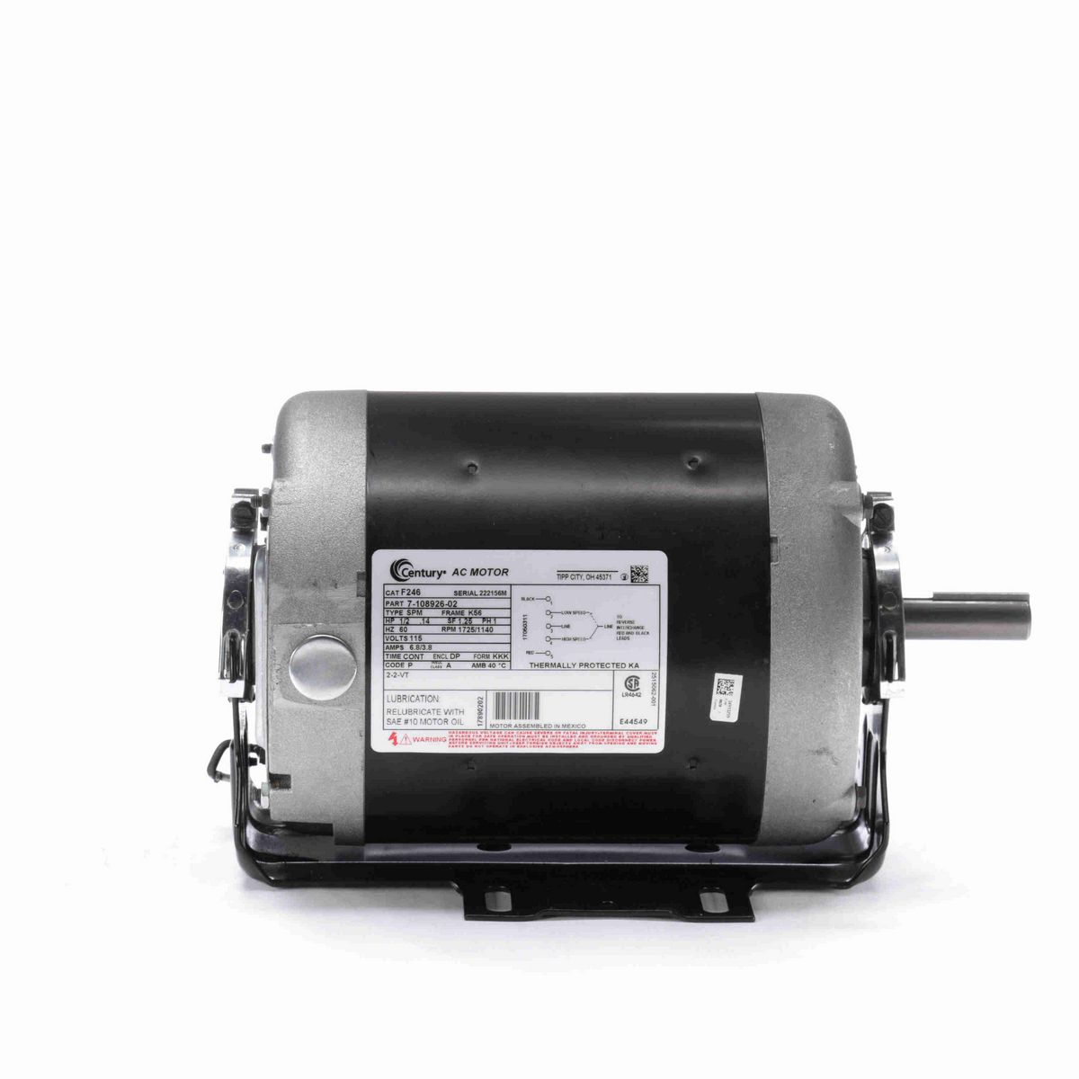 Century Fan and Blower Motor, 1/2-.14 HP, 1 Ph, 60 Hz, 115 V, 1800 RPM, K56 Frame, DP - F246