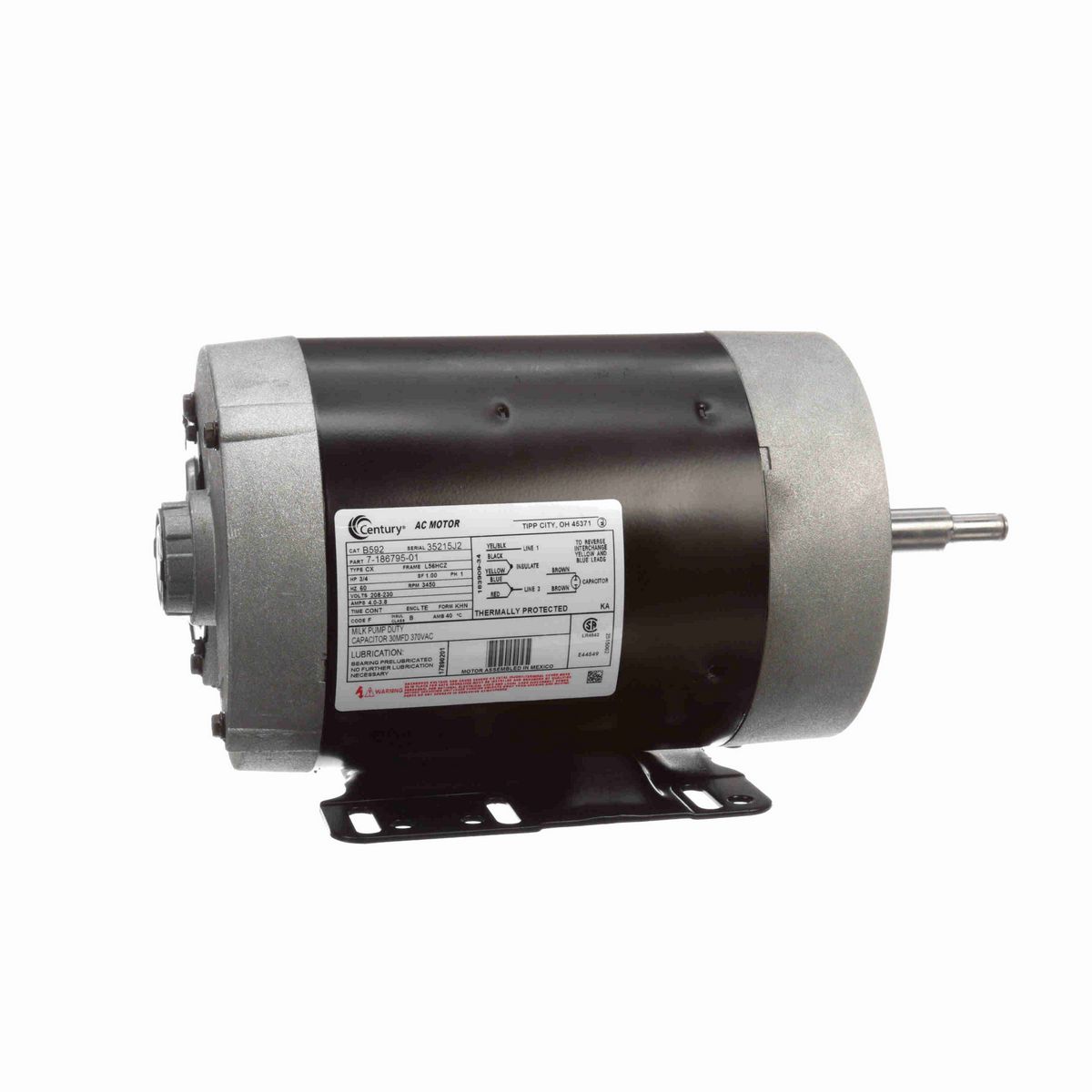 Century General Purpose Farm Duty Motor, 3/4 HP, 1 Ph, 60 Hz, 208-230 V, 3600 RPM, L56HCZ Frame, TENV - B592