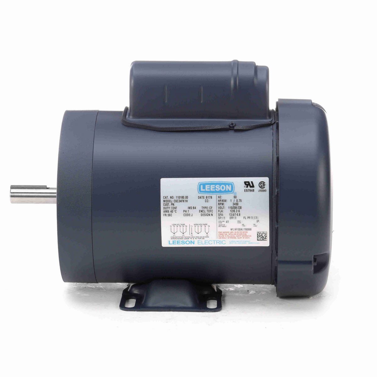 LEESON General Purpose Motor, 1 HP, 1 Ph, 60 Hz, 115/230 V, 3600 RPM, 56C Frame, TEFC - 110180.00