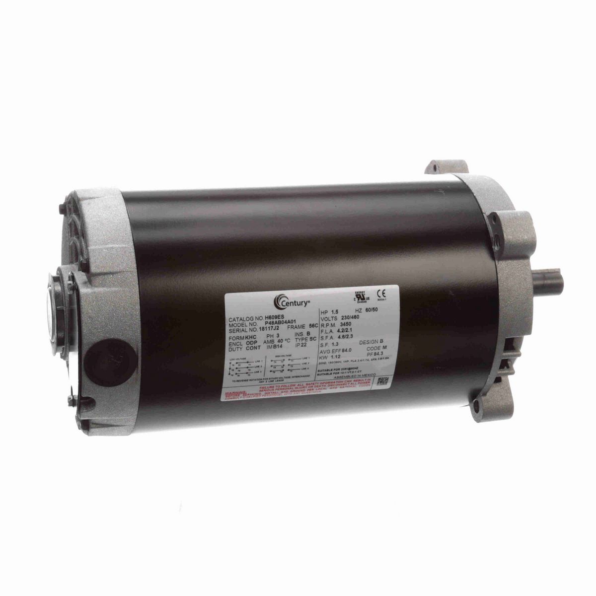 Century General Purpose Pump Motor, 1.50 HP, 3 Ph, 60/50 Hz, 230/460 V, 3600 RPM, 56C Frame, ODP - H609ES