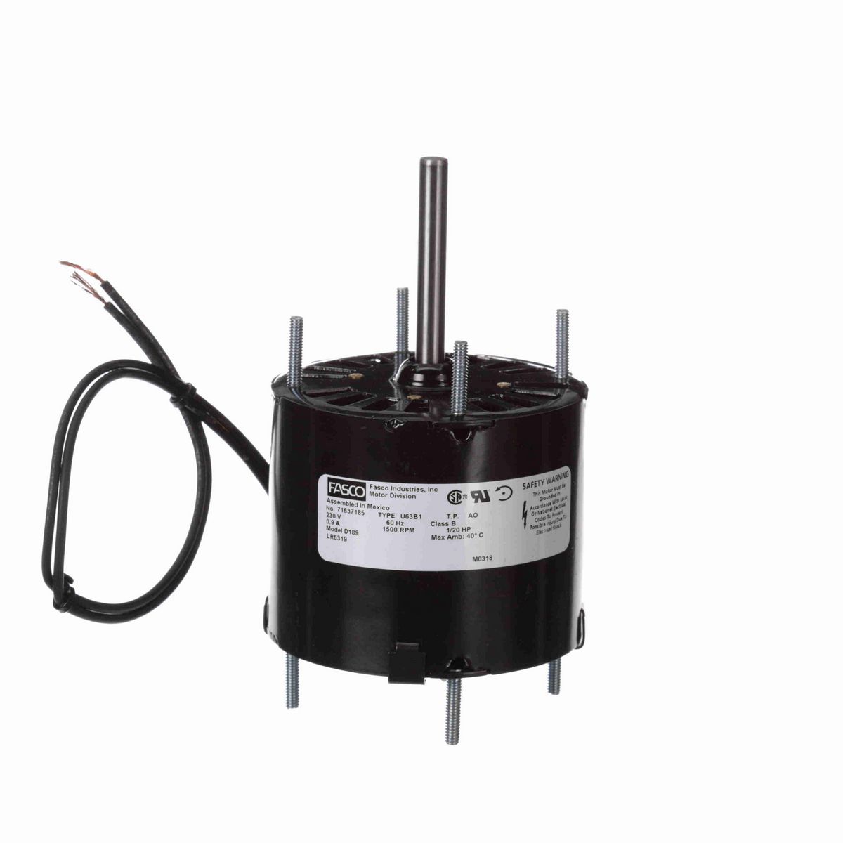FASCO Fan and Blower Motor, 1/20 HP, 1 Ph, 60 Hz, 230 V, 1500 RPM, 1 Speed, 3.3" Diameter, OAO - D189