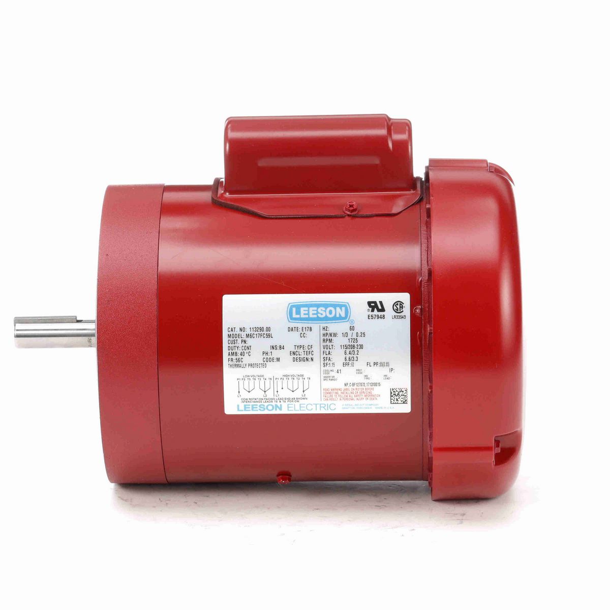 LEESON Agricultural Motor, 0.33 HP, 1 Ph, 60 Hz, 115/230 V, 1800 RPM, 56C Frame, TEFC - 113290.00