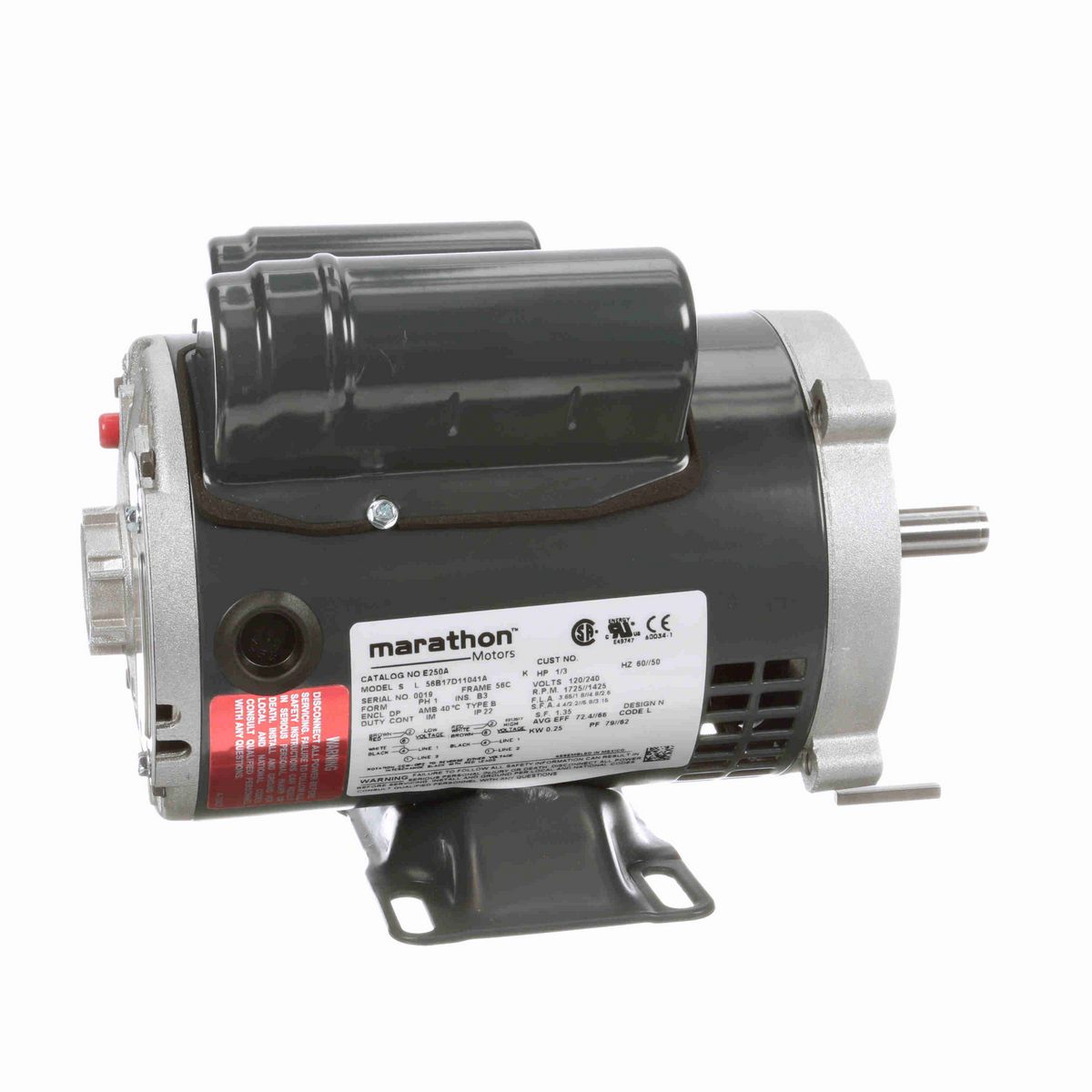 LEESON General Purpose Motor, 0.33 & 0.33 HP, 1 Ph, 60 & 50 Hz, 120/240 & 120/240 V, 1800 & 1500 RPM, 56C Frame, DP - E250A