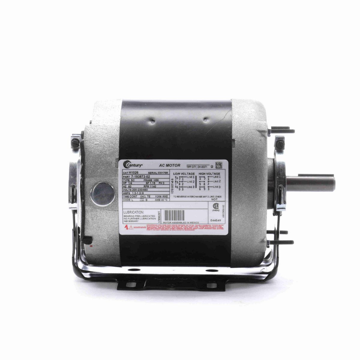 Century Fan and Blower Motor, 1/4 HP, 3 Ph, 60 Hz, 200-230/460 V, 1200 RPM, H56 Frame, TENV - H1026
